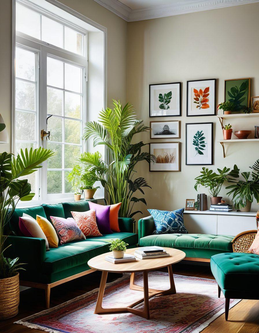 A cozy and inviting room filled with stylish furniture featuring vibrant colors and unique custom designs, showcasing a blend of modern and vintage styles. Include a bright window with sunlight streaming in, plants for a lively touch, and decorative elements like cushions and art on the walls. The scene should evoke a sense of joy and comfort, inviting viewers to imagine their personal haven. super-realistic. vibrant colors. soft natural lighting.