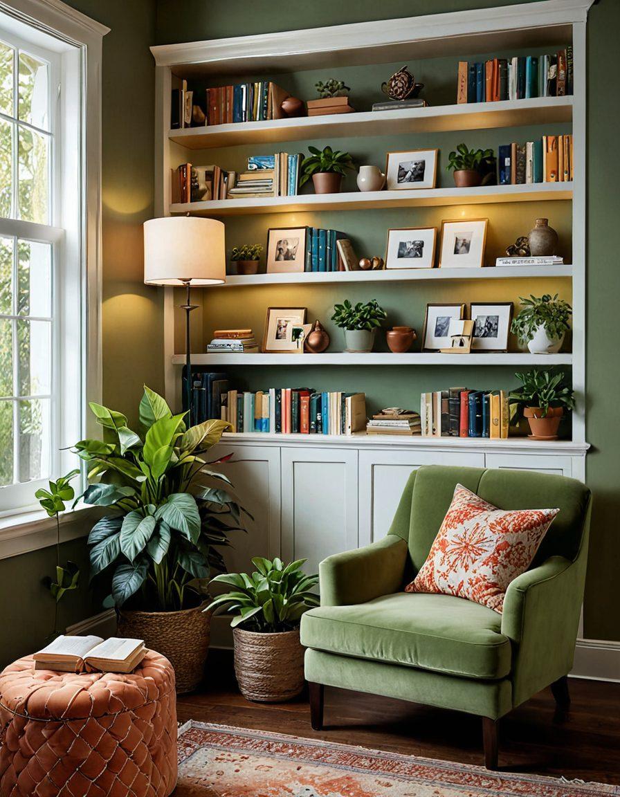 A beautifully arranged cozy corner of a home featuring elegant cabinets filled with plants and books, soft lighting casting a warm glow, a stylish armchair draped with a colorful throw. The space should exude joy and retreat vibes with light textures and a cheerful color palette, evoking tranquility. super-realistic. vibrant colors. warm ambiance.
