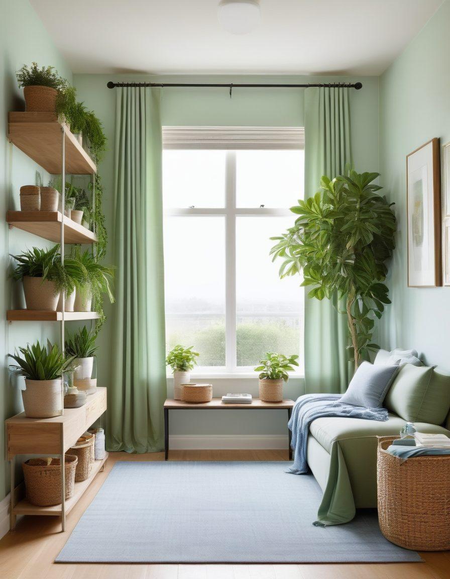 A serene, organized room with functional storage solutions prominently displayed—such as sleek shelves, labeled bins, and multi-functional furniture. Include calming colors like soft greens and blues, with sunlight streaming through sheer curtains. A subtle before-and-after effect showing chaos transitioning to calm can be showcased in a corner. Elements like plants and minimalistic decor enhance tranquility. super-realistic. vibrant colors. bright atmosphere.